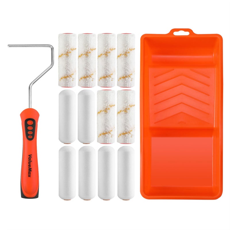 Valuemax 14 Piece 4 inch Paint Roller Kit Wall Treatments Tools for Decorate Cabinets, Doors, Craft Work, Orange & White - Image 1